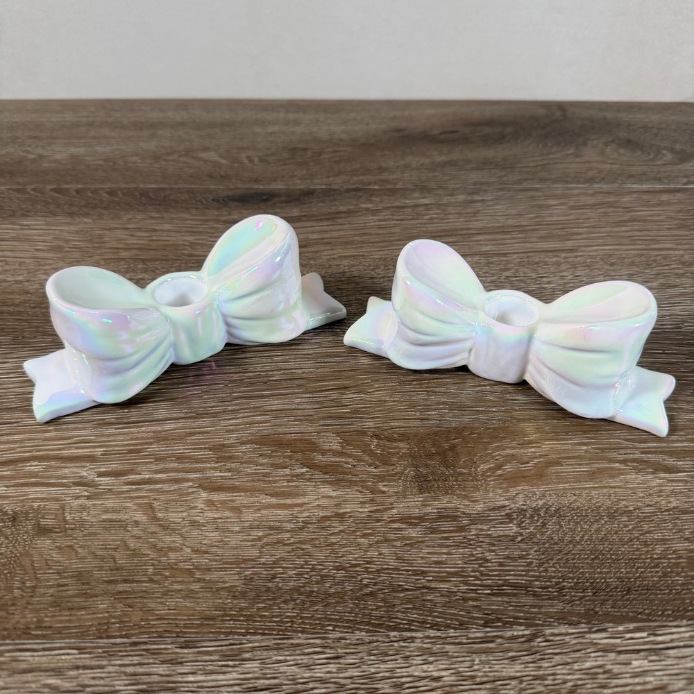 Target Bullseye Iridescent Ceramic Bow Taper Candle Holders Set of 2 READ DESC